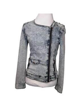 American Rag Blue Acid Wash Distressed Denim Front Zip Fitted Jacket Size Medium